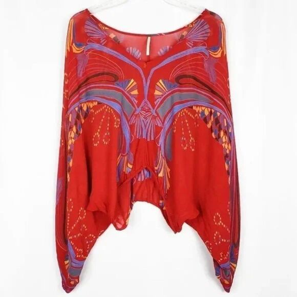 Free People Boho Red Kimono Sleeve Beneath The Sea Blouse Top S - Picture 5 of 5